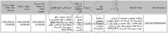 مناقصه، مناقصه عمومی همزمان با ارزیابی (یکپارچه) یک مرحله ای اجرای عملیات رفع اتفاقات، رفع خاموشی و نت در شبکه های توزیع نیروی برق در بخش جویم شهرستان لارستان 14011970