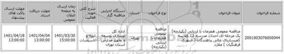 مناقصه، مناقصه عمومی همزمان با ارزیابی (یکپارچه) یک مرحله ای احداث مدرسه 12 کلاسه کمیساریای عالی پناهندگان ( شهرک فرهنگیان ) ملارد