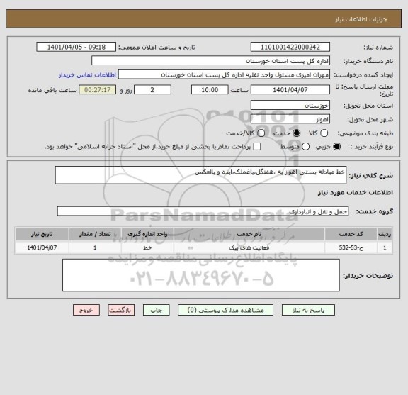 استعلام خط مبادله پستی اهواز به ،هفتگل،باغملک،ایذه و بالعکس