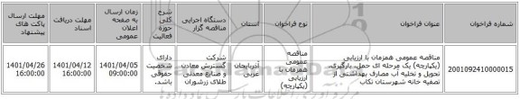 مناقصه، مناقصه عمومی همزمان با ارزیابی (یکپارچه) یک مرحله ای حمل، بارگیری، تحویل و تخلیه آب مصارف بهداشتی از تصفیه خانه شهرستان تکاب