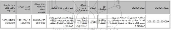 مناقصه، مناقصه عمومی یک مرحله ای پروژه احداث میادین اول و دوم به همراه مسیرهای مربوطه در شهرک صنعتی فیروزکوه 1