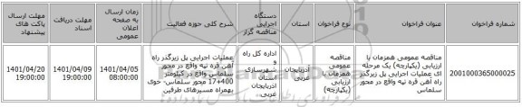 مناقصه، مناقصه عمومی همزمان با ارزیابی (یکپارچه) یک مرحله ای عملیات اجرایی پل زیرگذر راه آهن قره تپه واقع در محور سلماس
