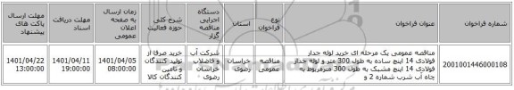 مناقصه، مناقصه عمومی یک مرحله ای خرید لوله جدار فولادی 14 اینچ ساده به طول 300 متر و لوله جدار فولادی 14 اینچ مشبک به طول 300 مترمربوط به چاه آب شرب شماره 2 و