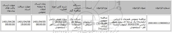 مناقصه، مناقصه عمومی همزمان با ارزیابی (یکپارچه) یک مرحله ای پروژه تعویض ترانس 20/63/230 کیلوولت پست اهر - آیدوغموش