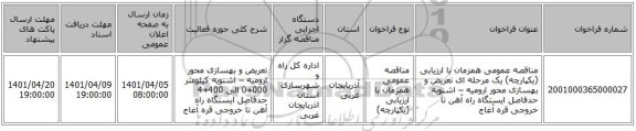 مناقصه، مناقصه عمومی همزمان با ارزیابی (یکپارچه) یک مرحله ای تعریض و بهسازی محور ارومیه – اشنویه حدفاصل ایستگاه راه آهن تا خروجی قره آغاج