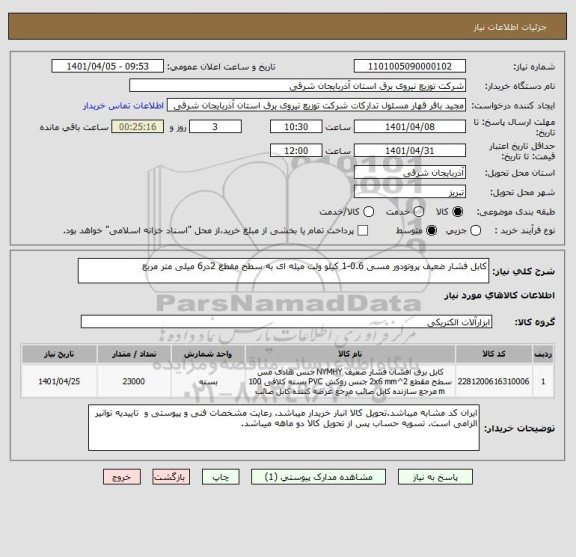 استعلام کابل فشار ضعیف پروتودور مسی 0.6-1 کیلو ولت میله ای به سطح مقطع 2در6 میلی متر مربع