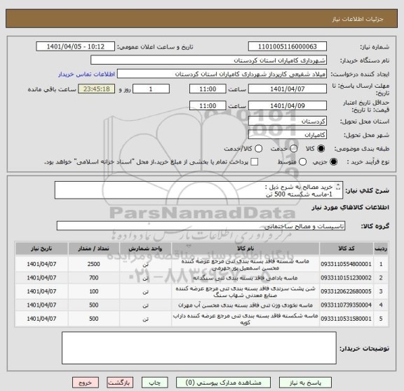 استعلام خرید مصالح به شرح ذیل :
1-ماسه شکسته 500 تن
2-ماسه شسته  2500تن
3-نخودی      500 تن
4-بادامی            700 تن
5- پشت سرندی  100 تن