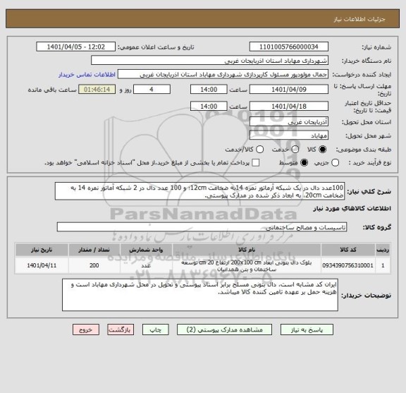 استعلام 100عدد دال در یک شبکه آرماتور نمره 14به ضخامت 12cm؛ و 100 عدد دال در 2 شبکه آماتور نمره 14 به ضخامت 20cm، به ابعاد ذکر شده در مدارک پیوستی.
