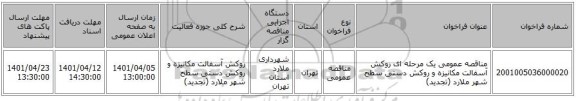 مناقصه، مناقصه عمومی یک مرحله ای  روکش آسفالت مکانیزه و روکش دستی سطح شهر ملارد (تجدید)