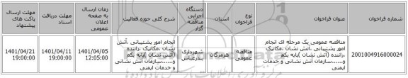 مناقصه، مناقصه عمومی یک مرحله ای  انجام امور پشتیبانی ،آتش نشان ،مکانیک ،راننده (آتش نشان )پایه یکم و......سازمان آتش نشانی و خدمات ایمنی