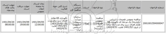 مناقصه، مناقصه عمومی همزمان با ارزیابی (یکپارچه) یک مرحله ای نگهداری 65 هکتار فضای سبز برای مدت یک سال از تاریخ 1401/5/1 لغایت 1402/4/31