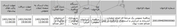 مناقصه، مناقصه عمومی یک مرحله ای انجام عملیات آتشباری و خردایش و استحصال و بارگیری و حمل مصالح معدن تپوک