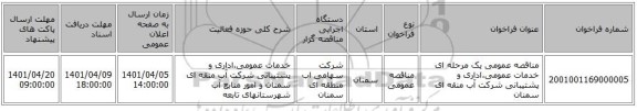 مناقصه، مناقصه عمومی یک مرحله ای خدمات عمومی،اداری و پشتیبانی شرکت آب منقه ای سمنان