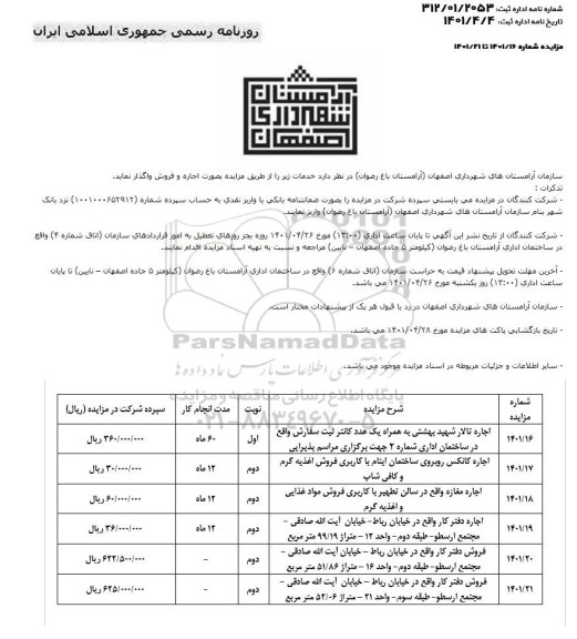 مزایده اجاره و فروش تالار....