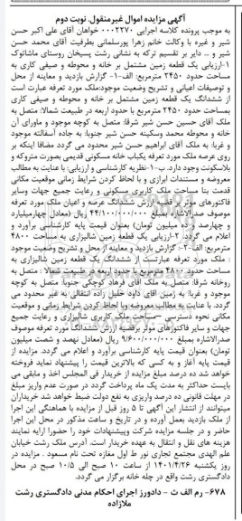 مزایده ششدانگ یک قطعه زمین نوبت دوم