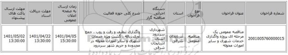 مناقصه، مناقصه عمومی یک مرحله ای پروژه واگذاری خدمات شهری و سایر امورات محوله