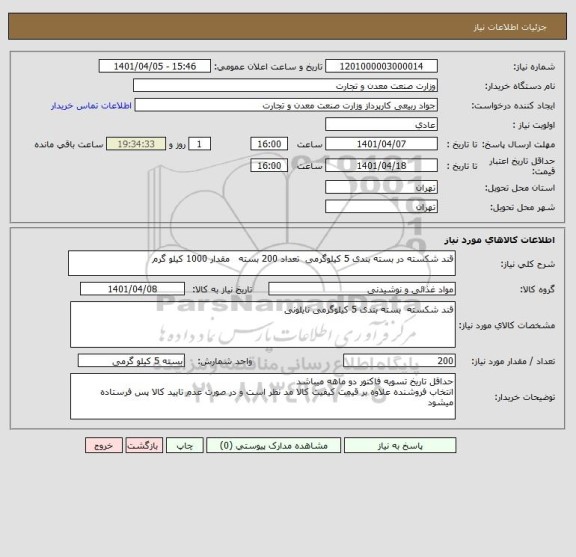 استعلام قند شکسته در بسته بندی 5 کیلوگرمی  تعداد 200 بسته   مقدار 1000 کیلو گرم