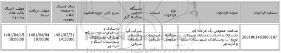 مناقصه، مناقصه عمومی یک مرحله ای بازسازی و استانداردسازی شبکه توزیع آب روستاهای شهرستان اسکو و آذرشهر