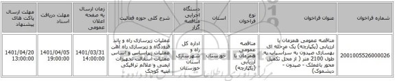 مناقصه، مناقصه عمومی همزمان با ارزیابی (یکپارچه) یک مرحله ای بهسازی صیدون به سرآسیاب به طول 2100 متر ( از محل تکمیل محور باغملک - صیدون - دیشموک)