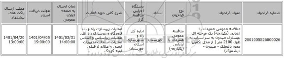 مناقصه، مناقصه عمومی همزمان با ارزیابی (یکپارچه) یک مرحله ای بهسازی صیدون به سرآسیاب به طول 2100 متر ( از محل تکمیل محور باغملک - صیدون - دیشموک)