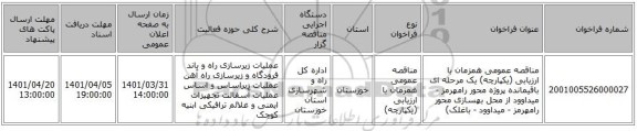 مناقصه، مناقصه عمومی همزمان با ارزیابی (یکپارچه) یک مرحله ای باقیمانده پروژه محور رامهرمز - میداوود از محل بهسازی محور رامهرمز - میداوود - باغلک)