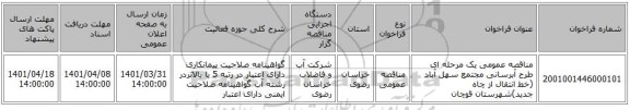 مناقصه، مناقصه عمومی یک مرحله ای طرح آبرسانی مجتمع سهل آباد (خط انتقال از چاه جدید)شهرستان قوچان ، سامانه تدارکات الکترونیکی دولت