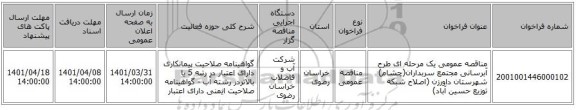 مناقصه، مناقصه عمومی یک مرحله ای طرح آبرسانی مجتمع سربداران(چشام)  شهرستان داورزن (اصلاح شبکه توزیع حسین آباد)
