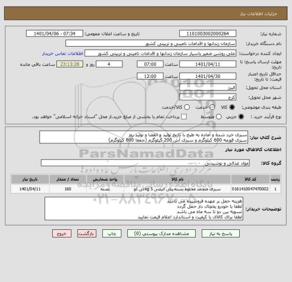 استعلام سبزی خرد شده و آماده به طبخ ، سامانه تدارکات الکترونیکی دولت
