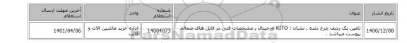 تامین یک ردیف چرخ دنده , نشان : KITO اورجینال , مشخصات فنی در فایل های ضمائم پیوست میباشد .