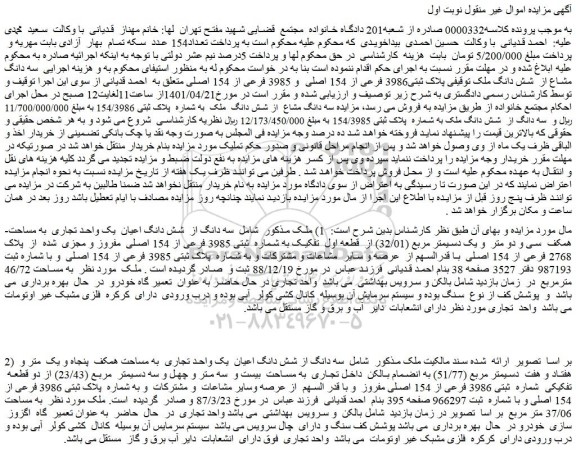 مزایده شش دانگ اعیان یک واحد تجاری