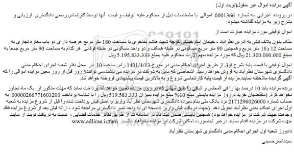 مزایده دو باب مغازه تجاری به مساحت 12 و16 متر مربع