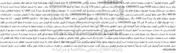 آگهی مزایده خودروی سواری هاچ بک تیبا 2