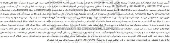 آگهی مزایده حق امتیاز و اشتراک خط تلفن همراه به شماره 09123813353 و 09102401200 و 09102401400 
