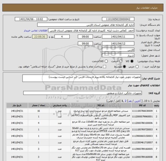 استعلام تجهیزات چوبی مورد نیاز کتابخانه بالاده بیرم لارستان فارس -(بر اساس لیست پیوست)