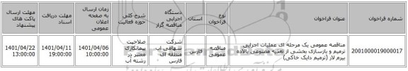 مناقصه، مناقصه عمومی یک مرحله ای عملیات اجرایی ترمیم و بازسازی بخشی از تغذیه مصنوعی بالاده بیرم لار (ترمیم دایک خاکی)