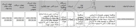 مناقصه، مناقصه عمومی همزمان با ارزیابی (یکپارچه) یک مرحله ای ساخت، نصب و راه اندازی دریچه های کشویی واحدهای آشغالگیر و حوضچه های ته نشینی مدول های 1 الی 4 تصفیه خانه جن