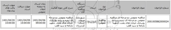مناقصه، مناقصه عمومی دو مرحله ای مناقصه عمومی دو مرحله ای ترمیم و پیاده روسازی خیابان های بعثت، شهید بارنامه و سید قطب