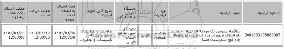 مناقصه، مناقصه عمومی یک مرحله ای تهیه ، حمل و راه اندازی تجهیزات چاه آب شرب در منطقه چاه قوچ شهرستان فسا