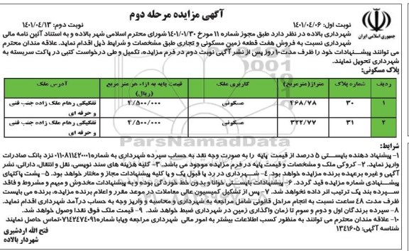 مزایده فروش هفت قطعه زمین مسکونی و تجاری مرحله دوم نوبت اول