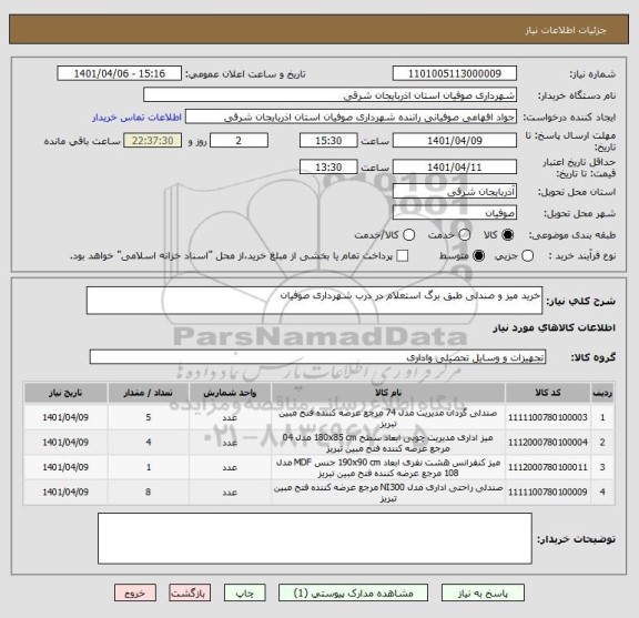 استعلام خرید میز و صندلی طبق برگ استعلام در درب شهرداری صوفیان