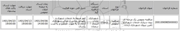 مناقصه، مناقصه عمومی یک مرحله ای برون سپاری خدمات شهری و تامین نیروی شهرداری آرادان