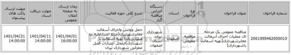 مناقصه، مناقصه عمومی یک مرحله ای عملیات اجرای آسفالت معابرشهرداری(تهیه آسفالت باشهرداری)