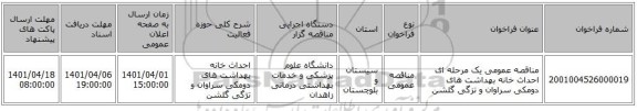 مناقصه، مناقصه عمومی یک مرحله ای احداث خانه بهداشت های دومکی سراوان و تزگی گلشن
