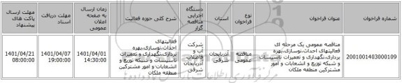 مناقصه، مناقصه عمومی یک مرحله ای فعالیتهای احداث،نوسازی،بهره برداری،نگهداری و تعمیرات تاسیسات و شبکه توزیع و انشعابات و امور مشترکین منطقه ملکان