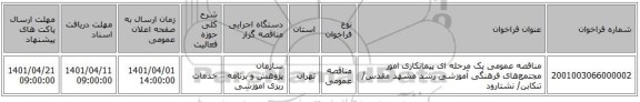 مناقصه، مناقصه عمومی یک مرحله ای پیمانکاری امور مجتمع‌های فرهنگی آموزشی رشد مشهد مقدس/ تنکابن/ نشتارود