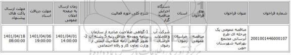 مناقصه، مناقصه عمومی یک مرحله ای طرح آبرسانی مجتمع   بهرامیه شهرستان جوین