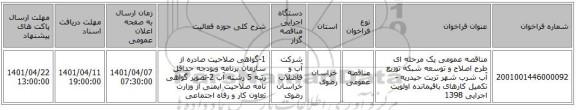 مناقصه، مناقصه عمومی یک مرحله ای طرح اصلاح و توسعه شبکه توزیع آب شرب شهر تربت حیدریه - تکمیل کارهای باقیمانده اولویت اجرایی 1398