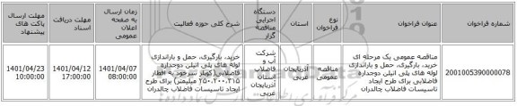 مناقصه، مناقصه عمومی یک مرحله ای خرید، بارگیری، حمل و باراندازی لوله های پلی اتیلن دوجداره فاضلابی برای طرح ایجاد تاسیسات فاضلاب چالدران