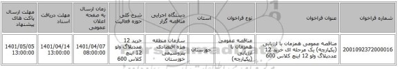 مناقصه، مناقصه عمومی همزمان با ارزیابی (یکپارچه) یک مرحله ای خرید  12 عددپلاگ ولو 12 اینچ کلاس 600