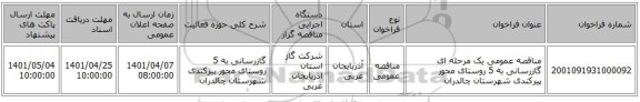 مناقصه، مناقصه عمومی یک مرحله ای گازرسانی به 5 روستای محور پیرکندی شهرستان چالدران